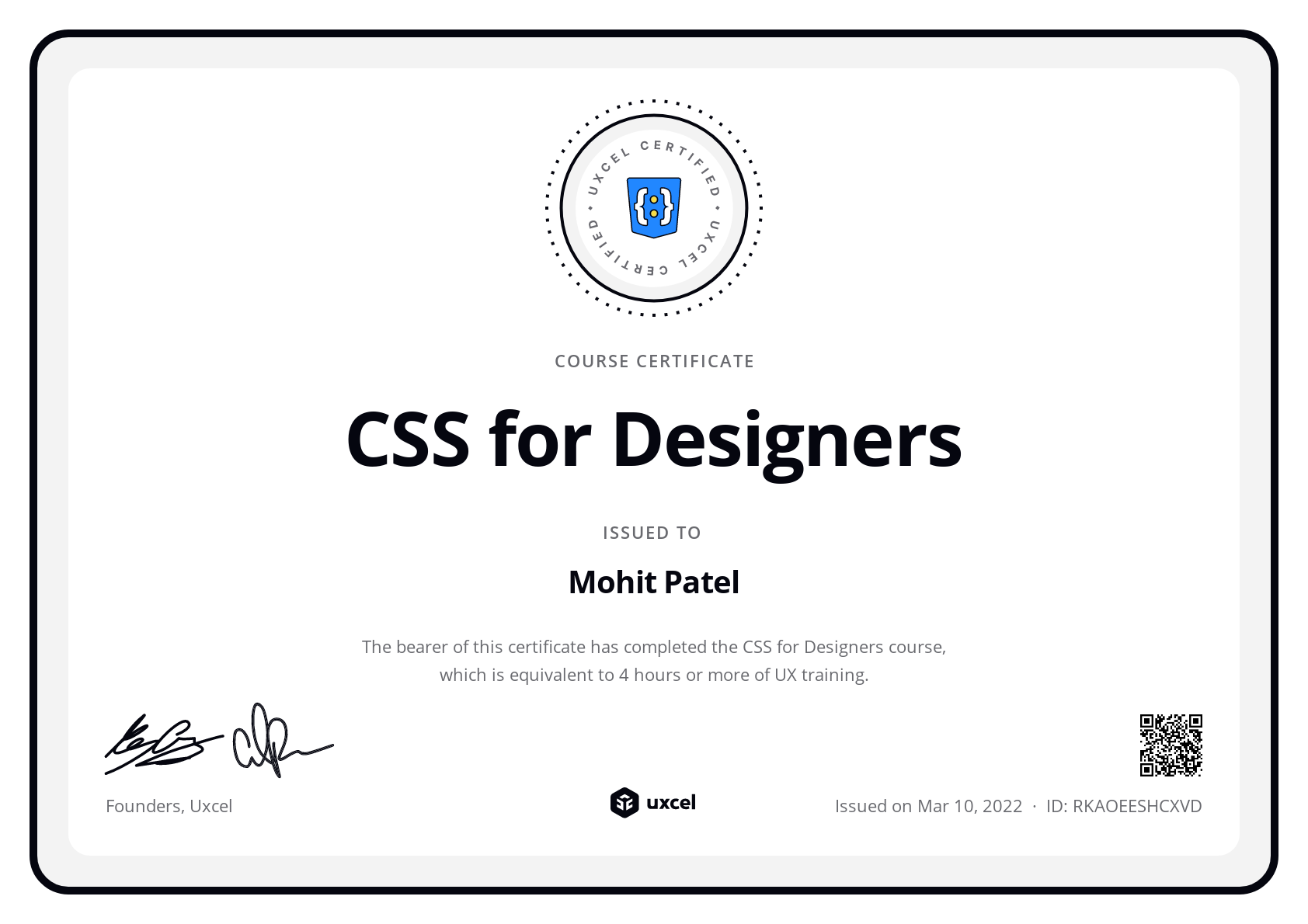 Mohit Patel's certificate